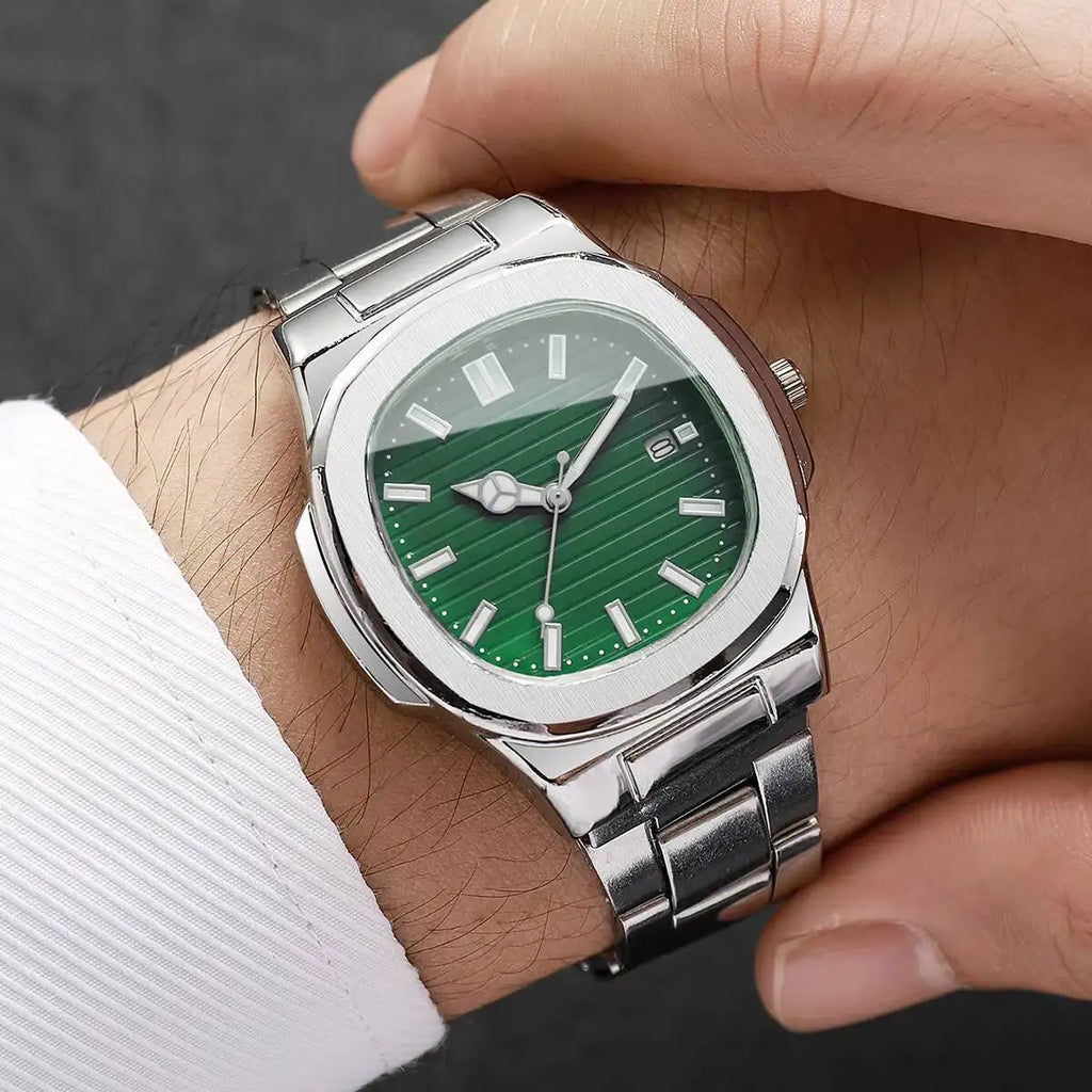 Luxury Men Business Watches Fashion Square Dial Stainless Steel Strap Quartz Watch with Calendar For Mens Clock（Without Box）